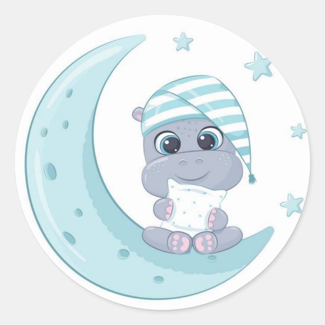 Baby Hippo über dem Mond Runder Aufkleber (Vorderseite)