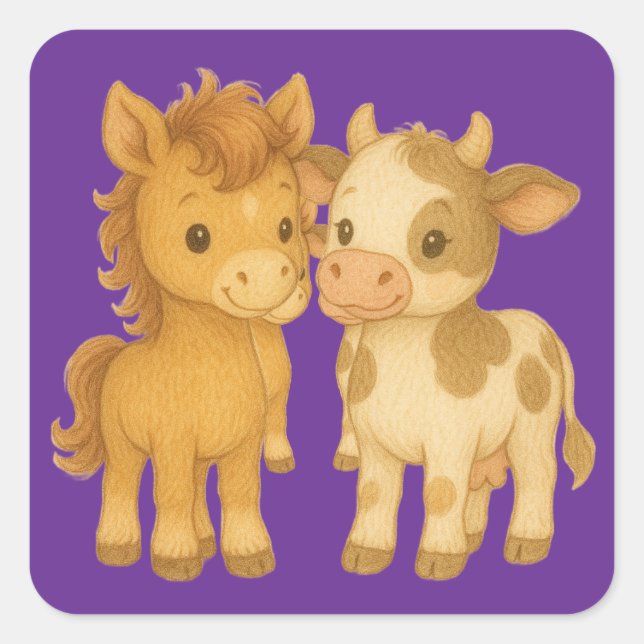 Baby Horse and Baby Cow Quadratischer Aufkleber (Vorderseite)