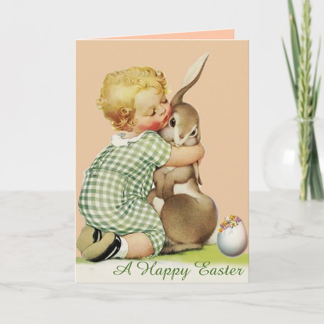 BABY HUGGING EASTER BUNNY, Pink Feiertagskarte (Vorderseite)