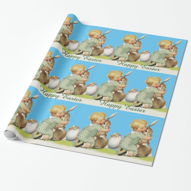 BABY HUGGING EASTER BUNNY ,Sky Blue Geschenkpapier (Ungerollt)