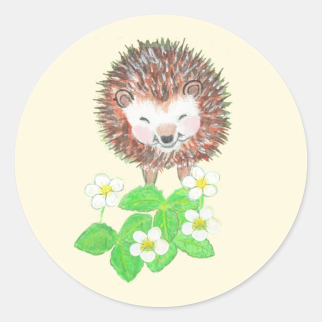 Baby Igel & Wild Strawberry Blume Runder Aufkleber (Vorderseite)