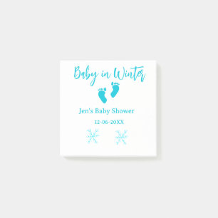 Baby im Winter duschen blaue Babyfüße Schneeflocke Post-it Klebezettel