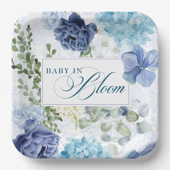 Baby in blauen blühenden Chinoiserie Babydusche Pappteller (Vorderseite)