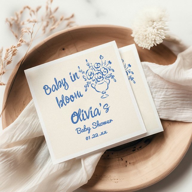 Baby in blauer Hand gezogenes Blumenbaby-Dusche Serviette (Von Creator hochgeladen)