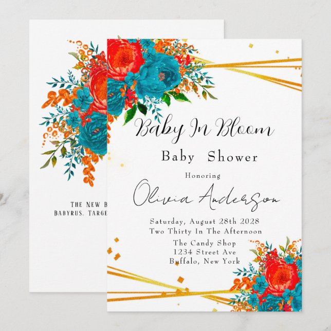 Baby in Bloom Aquamarin Orange Babydusche Einladung (Vorne/Hinten)