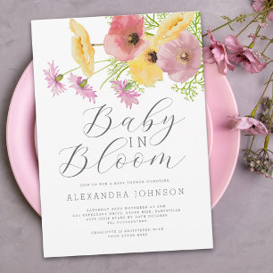 Baby In Bloom Aquarell Rosa Gelbe Blumen Einladung