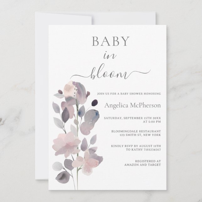 BABY IN BLOOM ASH PINK PASTEL LILA BLUSH FLORAL EINLADUNG (Vorderseite)