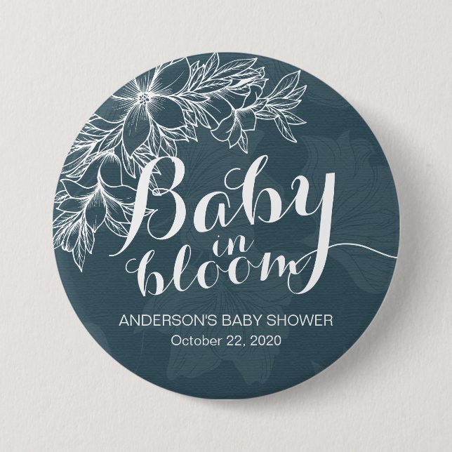 Baby in Bloom Baby Dusche Blue White Floral Frame Button (Vorderseite)