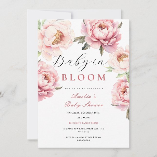 Baby in Bloom Baby Dusche Elegante Rosa Peonies Einladung (Vorderseite)