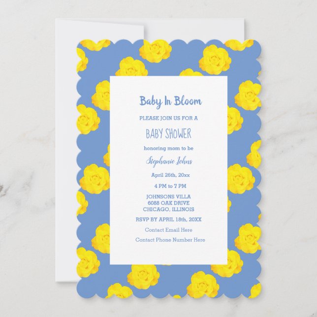 Baby in Bloom Baby Dusche Gelbe Kornblume Blau Einladung (Vorderseite)