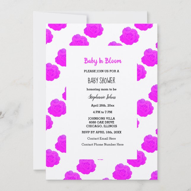 Baby in Bloom Baby Dusche Rosa Lila Rose Silver Einladung (Vorderseite)
