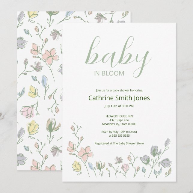 Baby in Bloom Baby Duwer Gender Neutral Einladung (Vorne/Hinten)