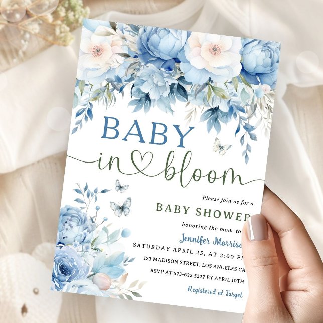 Baby in Bloom Baby Shower Boy Dusty Blue Floral Einladung (Von Creator hochgeladen)