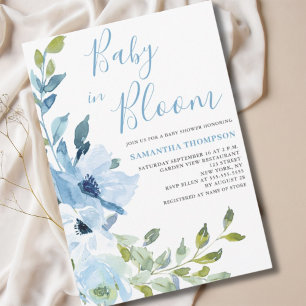 Baby In Bloom Blaue Blumen Baby-Party Einladung