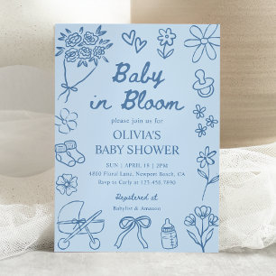 Baby in Bloom Blaue Handgezeichnete Babyparty für Einladung