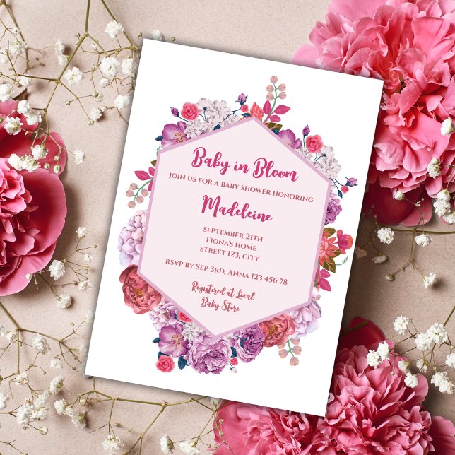 Baby in Bloom Bloral Wreath Girl Babydusche Einladung (baby in bloom baby shower invitation pink floral wreath elegant flowers)