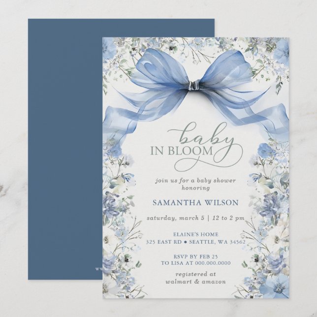 Baby in Bloom Blue Bow Blumenjungen Baby Dusche Einladung (Vorne/Hinten)