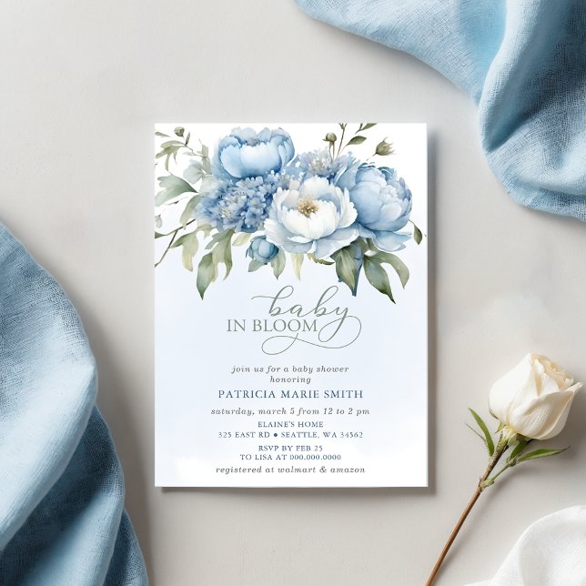 Baby in Bloom Blue Floral Boy Baby Dusche Einladung (Baby in Bloom Blue Floral Boy Baby Shower Invitation)