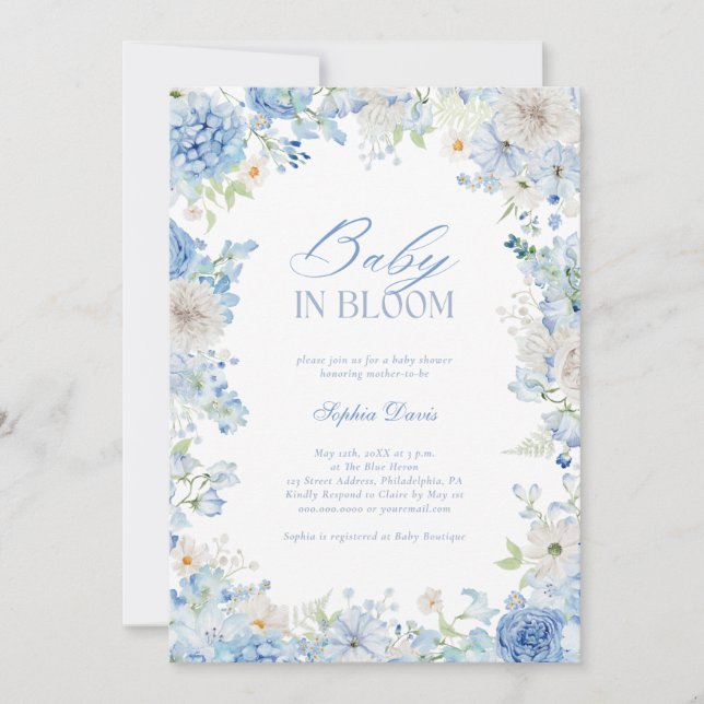 Baby in Bloom Blue Floral Watercolor Kinderdusche Einladung (Vorderseite)