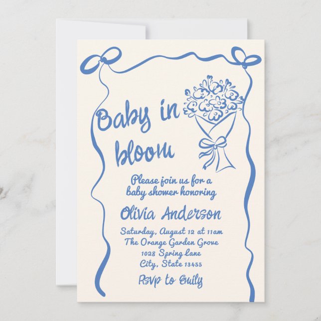 Baby in Bloom Blue Gezeichnet Blume Bouquet Dusche Einladung (Vorderseite)