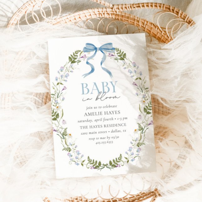Baby in Bloom Blue Spring Floral Bow Baby Dusche Einladung (Von Creator hochgeladen)