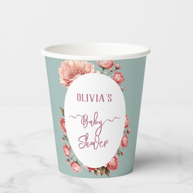 Baby in Bloom Blume Rose Pink Baby Dusche Willkomm Pappbecher (Vorderseite)