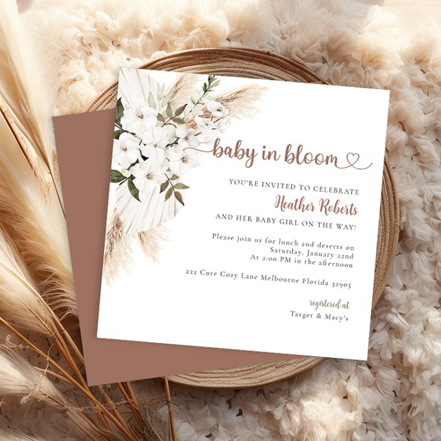 Baby in Bloom Boho Chic Bloral Baby Dusche einlade Einladung (Neutral Colored Baby Shower Invitation)