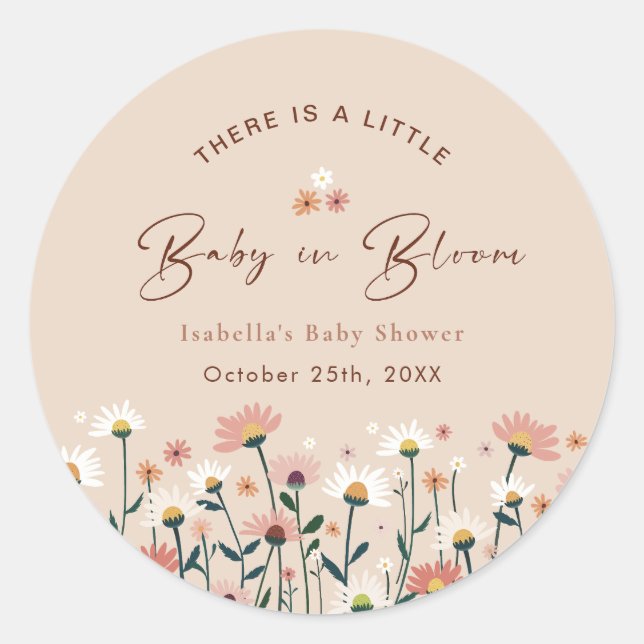 Baby in Bloom Boho Chic Blumengarten Party Dusche Runder Aufkleber (Vorderseite)