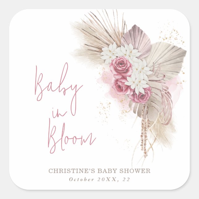 Baby in Bloom Boho Rose Kinderdusche Quadratischer Aufkleber (Vorderseite)
