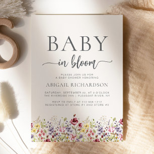 Baby in Bloom Boho Wildblumen Beige Babydusche Einladung