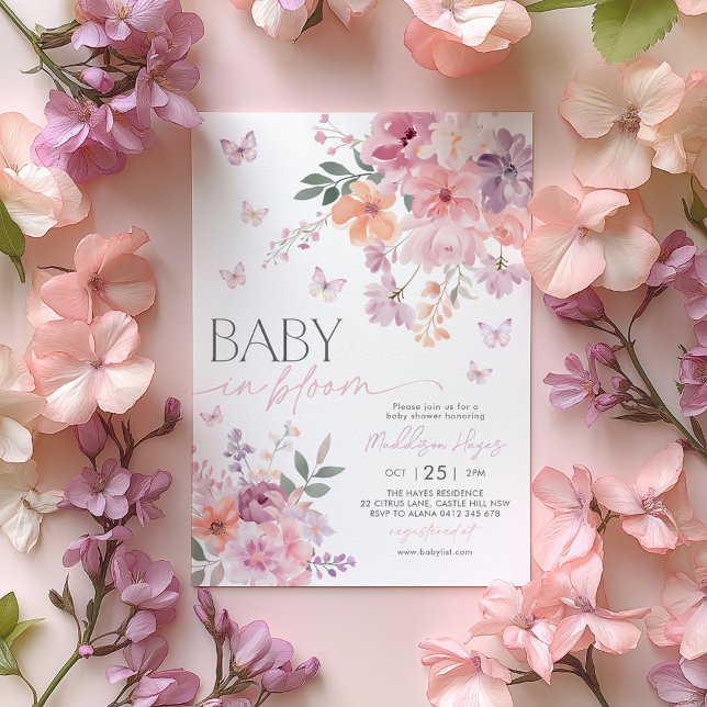 Baby in Bloom Butterfly Wildblume Babydusche Einladung (Baby In Bloom | Floral Butterfly Baby Shower Invitation in pink, purple and peach tones. )