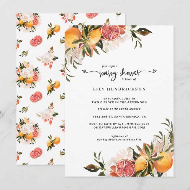 Baby in Bloom | Citrus Baby Shower Einladung (Vorne/Hinten)