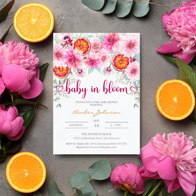 Baby in Bloom Citrus und Pink Floral Baby Dusche Einladung (Baby in bloom baby shower invitation with pink flowers and slices of orange)
