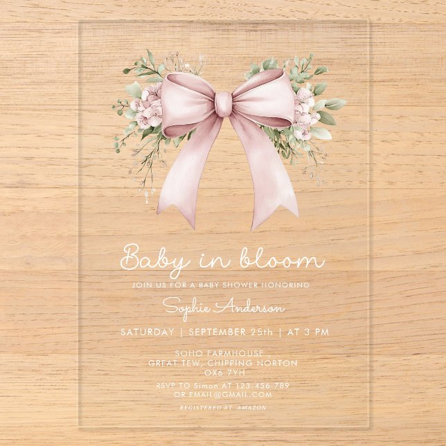 Baby in Bloom Coquette Pink Bow Baby Dusche Acryleinladungen (Vorderseite)
