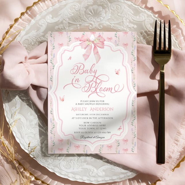 Baby in Bloom Coquette Pink Bow Baby Dusche Einladung (Von Creator hochgeladen)