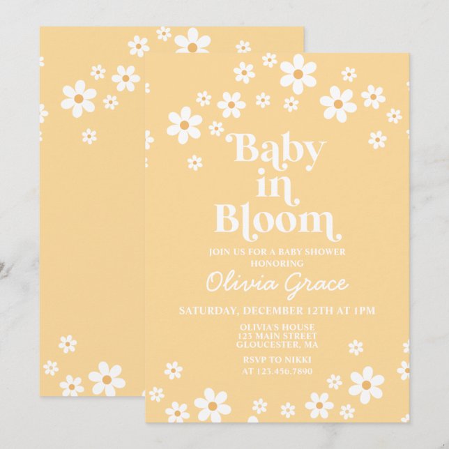 Baby in Bloom Daisy gelbe BläserBaby-Dusche Einladung (Vorne/Hinten)
