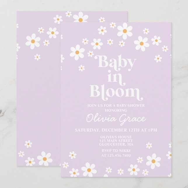 Baby in Bloom Daisy Lavender Retro Baby Dusche Einladung (Vorne/Hinten)