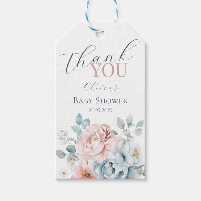 Baby in Bloom Dusty Blue Baby Duschgiftmarke Geschenkanhänger (Vorderseite)