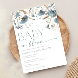 Baby in Bloom Dusty Blue Beige Baby Dusche Einladung