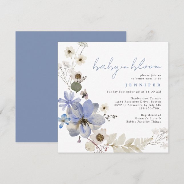 Baby in Bloom Dusty Blue Floral Baby Dusche Einladung (Vorne/Hinten)