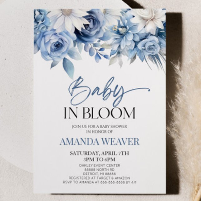 Baby in Bloom Dusty Blue Floral Blume Babydusche Einladung (Von Creator hochgeladen)