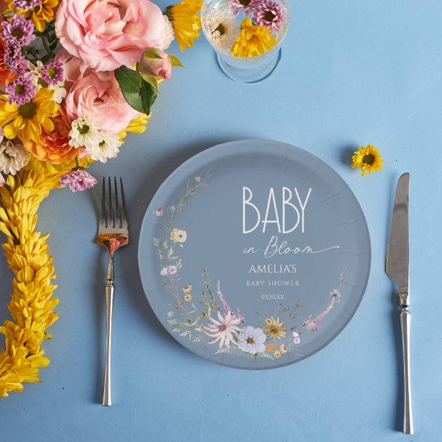 Baby in Bloom Dusty Blue Floral Paper Plate Pappteller (Von Creator hochgeladen)