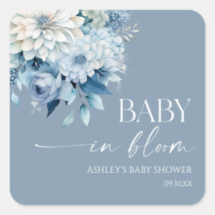 Baby In Bloom Dusty Blue Florales Babyshower Quadratischer Aufkleber