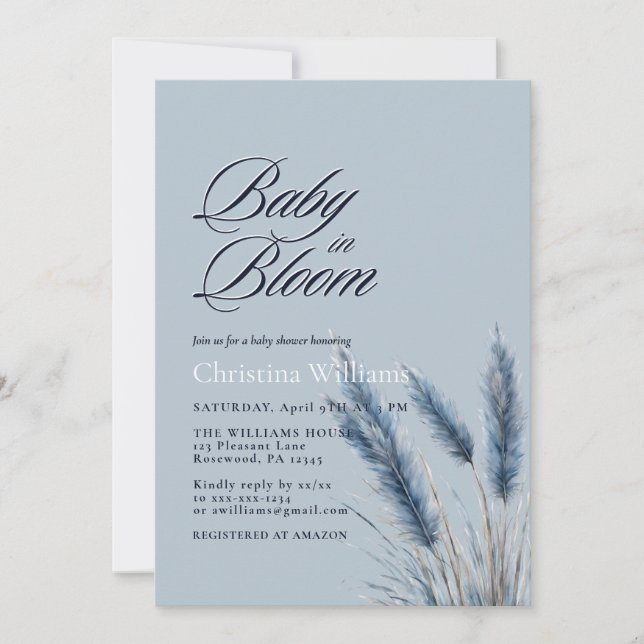 Baby in Bloom Dusty Blue Pampas Baby Dusche Einladung (Vorderseite)