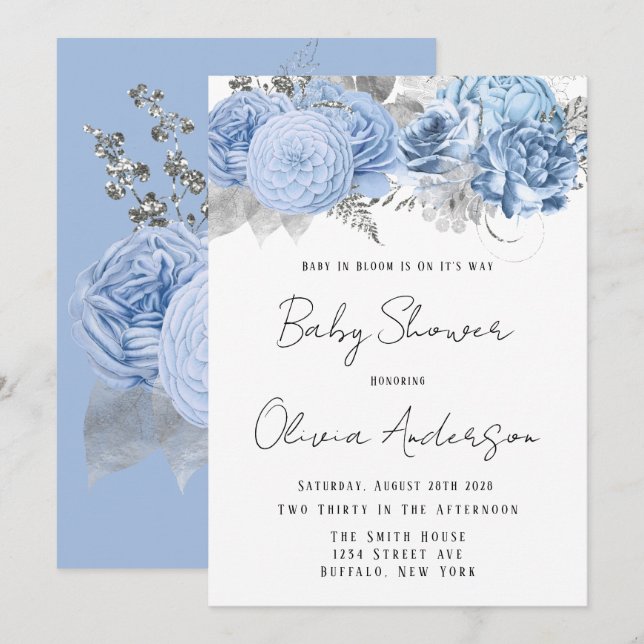 Baby in Bloom Dusty Blue Peony Baby Shower Einladung (Vorne/Hinten)
