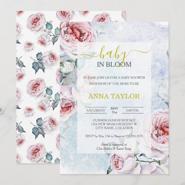 Baby in Bloom Elegant Bläserblauer Babydusche Einladung (Vorne/Hinten)