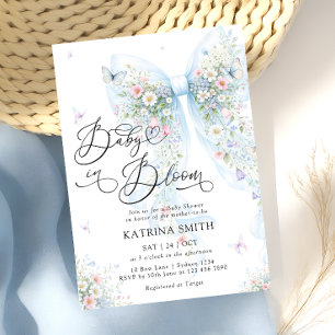 Baby in Bloom Elegante blaue Schleife Baby Shower Einladung