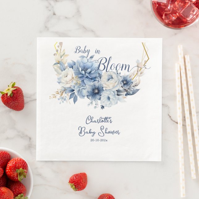 Baby in Bloom Elegante Blue Flowers Babydusche Serviette (Beispiel)