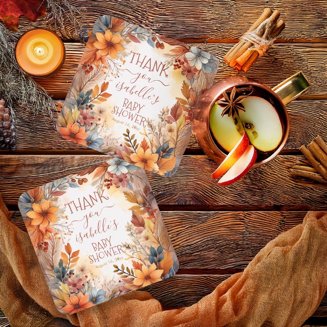 Baby in Bloom Fall Floral Frame Shower Thank You Rechteckiger Pappuntersetzer (Boho Baby in Bloom Fall Floral Frame Shower Thank You Square Paper Coaster)