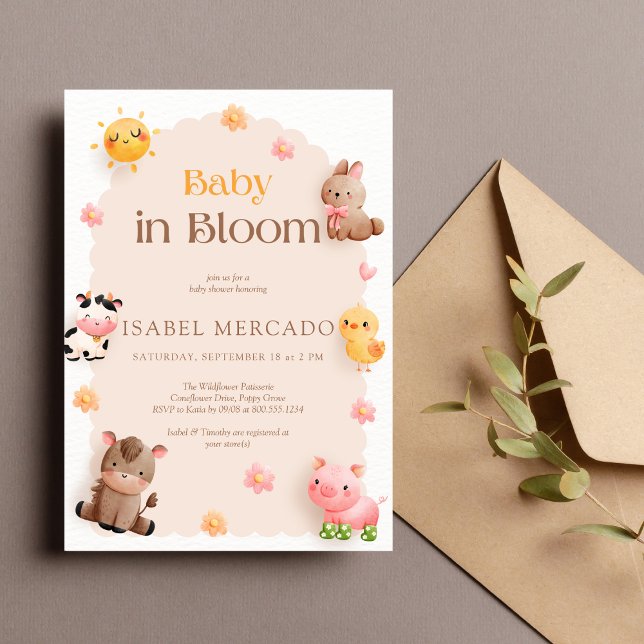 Baby in Bloom Farm Animals Baby-Dusche Einladung (Von Creator hochgeladen)
